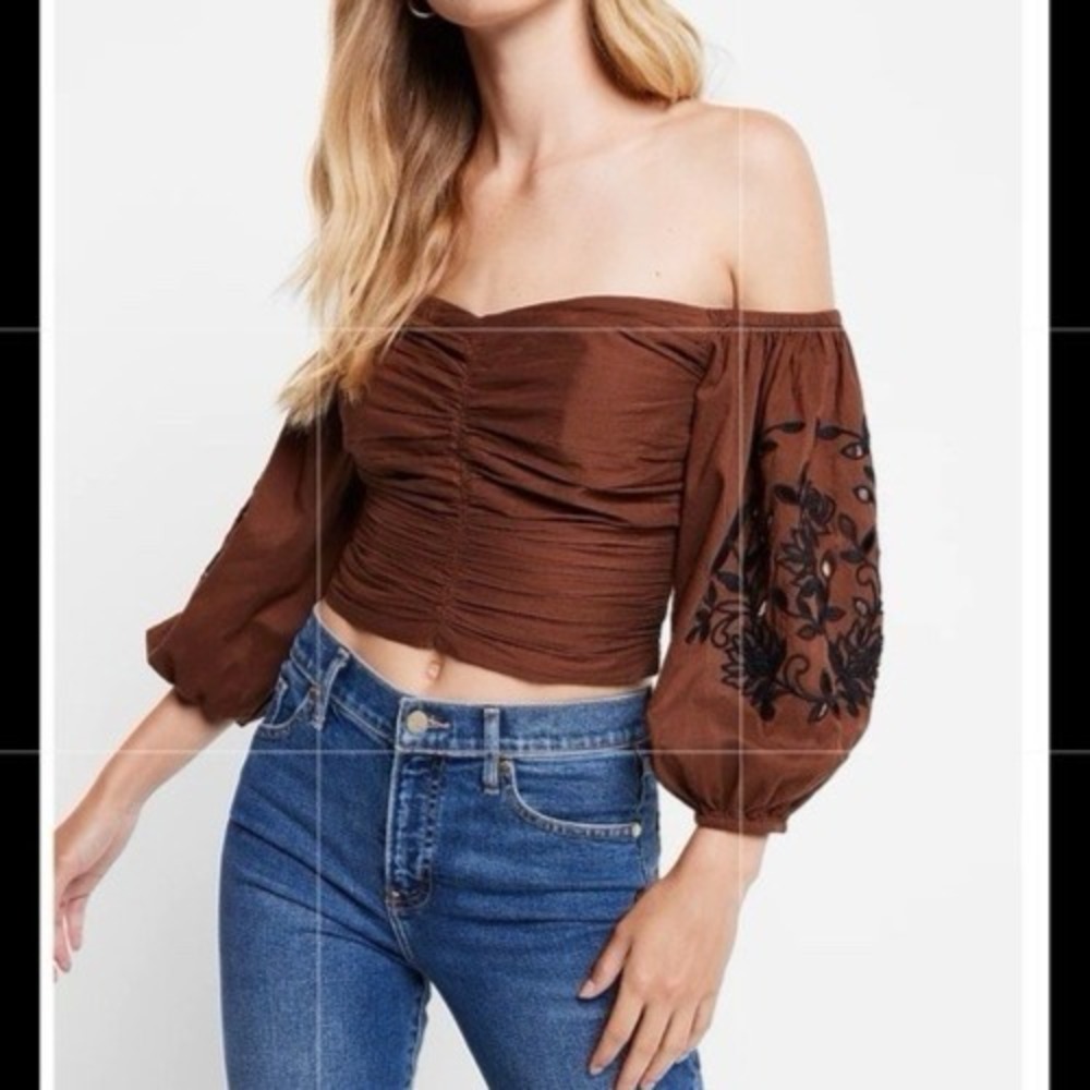 Boho Off Shoulder Smocked Crop Top Size S Brown Embroidered Puff Sleeve‎ Ruched
